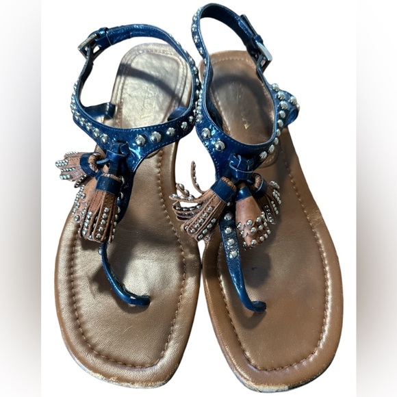 PRADA Blue Patent Leather & Brown Leather Tassel & Studded T-Strap Sandals 39 - Picture 1 of 9